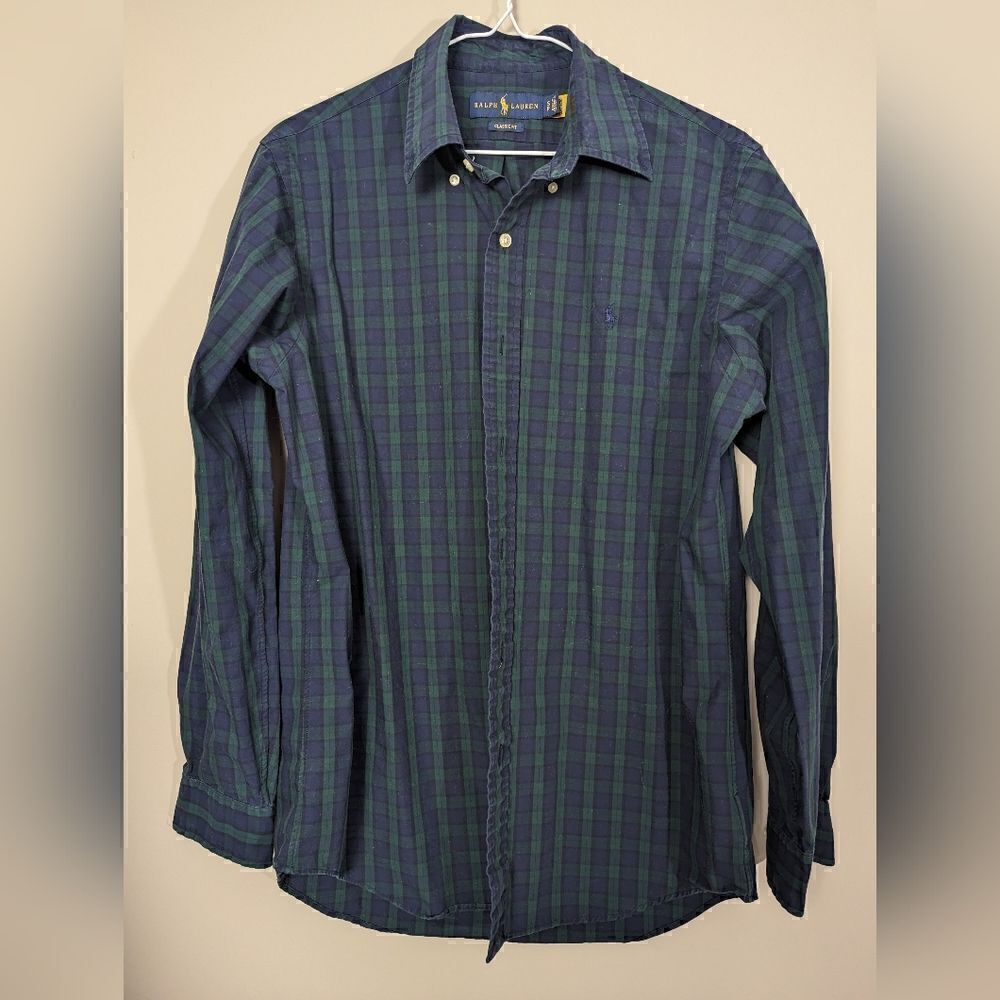 Ralph Lauren green blue check stretch cotton shirt plaid small